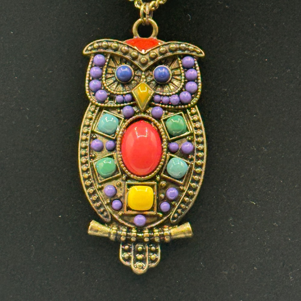 ZAD Owl Pendant Necklace Multicolored‎ Stones Accents Gold Tone Chain